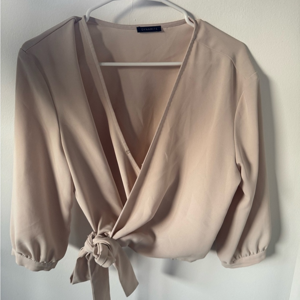 Dynamite Tan Puff Sleeve Crop Blouse
